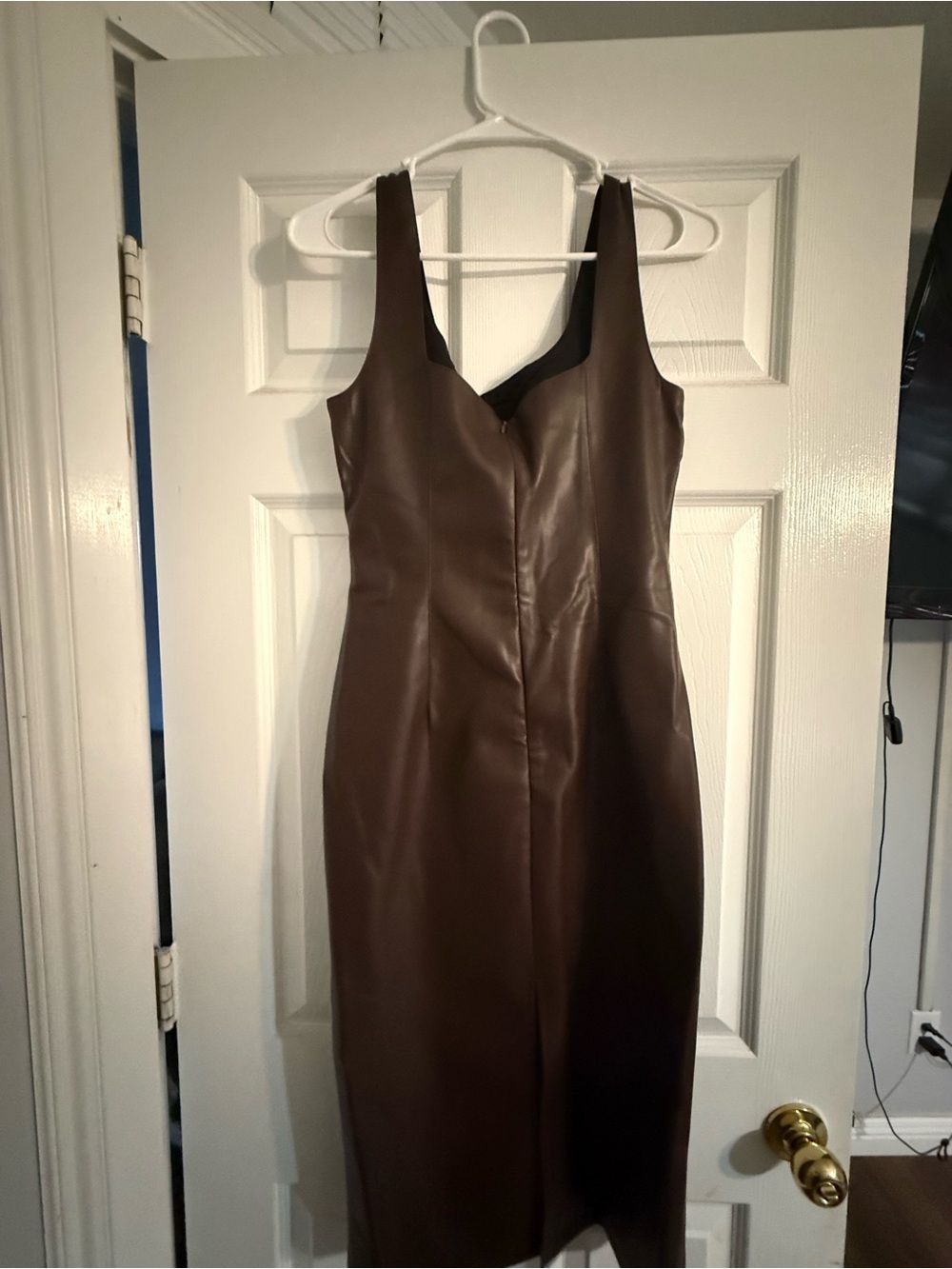 Commense Brown Faux-Leather Midi Dress